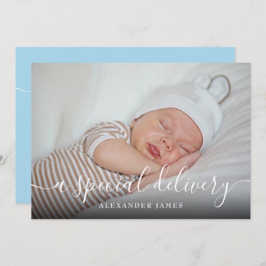 特別な配信スクリプト男の赤ちゃんフォト誕生 案内状 (正面/裏面)