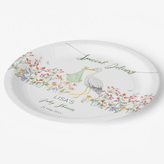 特別な配信ストーク春ベビーシャワー印刷 ペーパープレート (アングル)