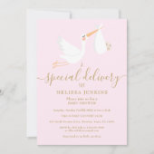 特別な配達をするコウテイヘン  ベビーシャワー ピンク 招待状 (正面)