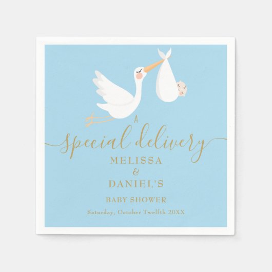 特別な配達コウノトリのカップル赤ちゃんシャワー スタンダードカクテルナプキン (正面)