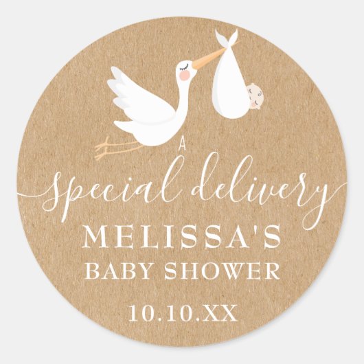特別な配達コウノトリ赤ちゃんシャワー/散水器 ラウンドシール (正面)