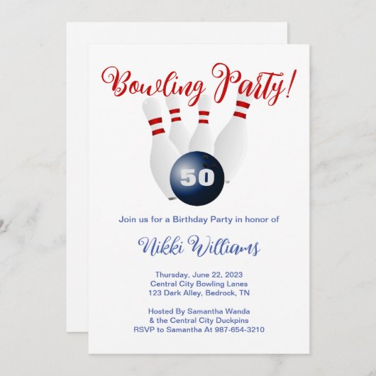 特別な50番目の誕生日招待状-ボーリングパーティー 招待状 (正面/裏面)
