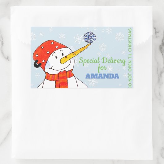 特別デリバリーかわいい雪だるまクリスマスプレゼント 長方形シール (バッグ)