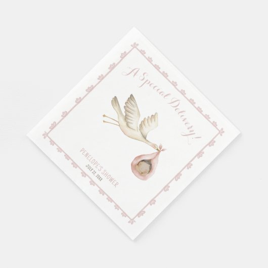 特別デリバリーストークピンク赤ちゃん女の子の赤ちゃんシャワー スタンダードランチョンナプキン (角)