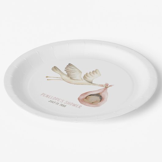 特別デリバリーストークピンク赤ちゃん女の子の赤ちゃんシャワー ペーパープレート (アングル)