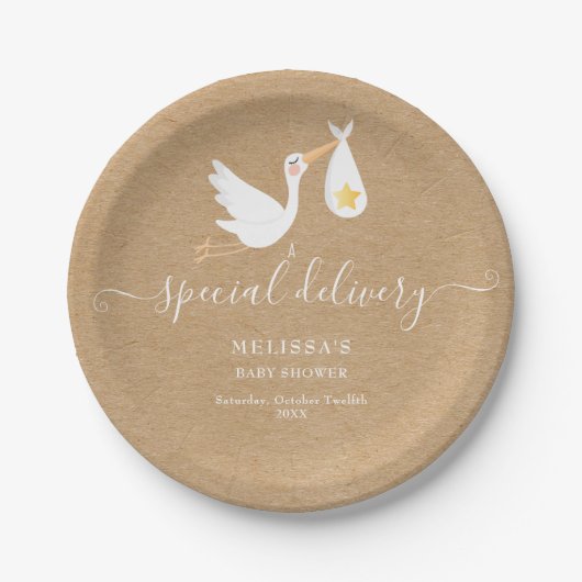 特別デリバリーストーク星ベビーシャワー素朴 ペーパープレート (正面)