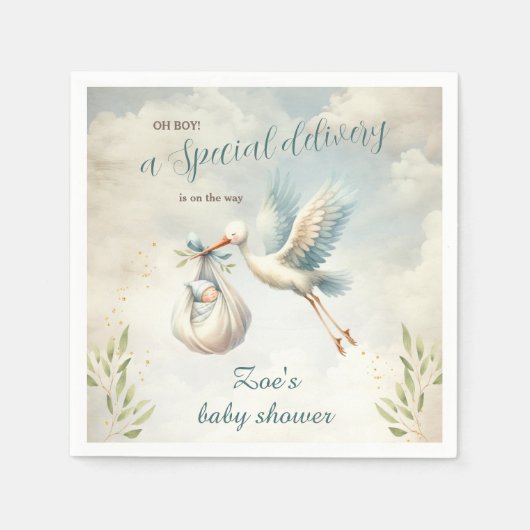 特別デリバリーブルーヴィンテージストークベビーシャワー スタンダードカクテルナプキン (正面)
