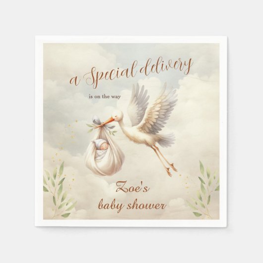 特別デリバリ男女兼用ストーク赤ちゃんシャワー スタンダードカクテルナプキン (正面)