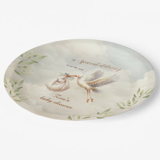 特別デリバリ男女兼用ストーク赤ちゃんシャワー ペーパープレート (アングル)