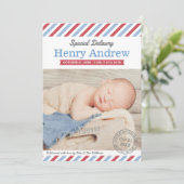 特別出荷ベイビーボーイ ブルーとレッドの写真 出生報告 案内状 (スタンド正面)
