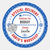 特別配送サンタからチャイルドブルーギフトラベル ラウンドシール (正面)