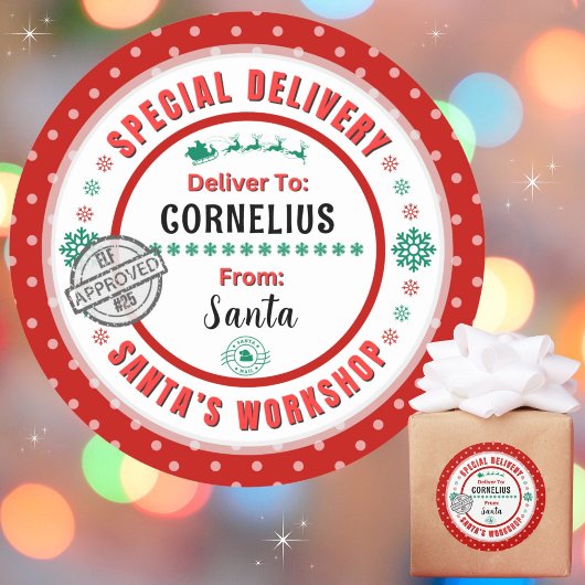 特別配送サンタから子供赤グリーンラベル ラウンドシール