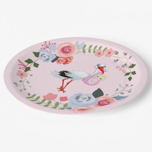 特別配送ストークフローラベビーシャワー ペーパープレート (アングル)