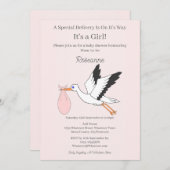 特別配送ストーク赤ちゃん女の子ベビーシャワー 招待状 (正面/裏面)