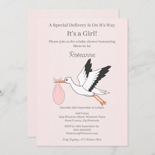 特別配送ストーク赤ちゃん女の子ベビーシャワー 招待状 (正面/裏面)