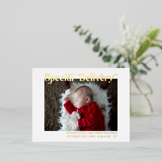 特別配送ベビー初めてのクリスマス写真金ゴールド 箔シーズンポストカード (立ち正面)