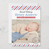 特別配送男の赤ちゃんブルーと赤フォト誕生 案内状 (正面)