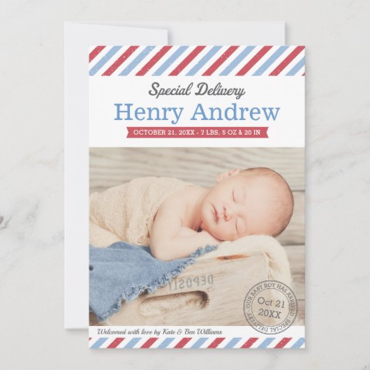 特別配送男の赤ちゃんブルーと赤フォト誕生 案内状 (正面)