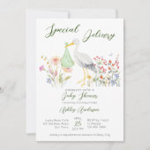 特別配達のこうのとり 春の花 赤ちゃん歓迎会 招待状 (正面)