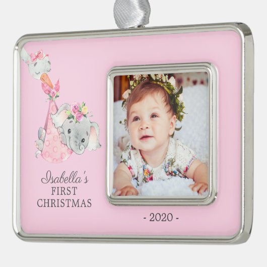 特別配達の象の初めてのクリスマス写真 シルバープレートフレームオーナメント (左)