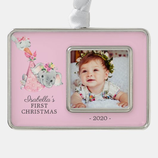 特別配達の象の初めてのクリスマス写真 シルバープレートフレームオーナメント (正面)