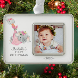 特別配達の象の初めてのクリスマス写真 シルバープレートフレームオーナメント