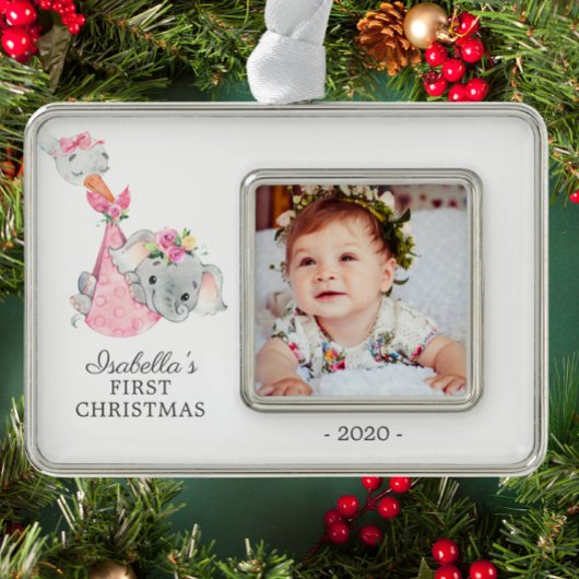 特別配達の象の初めてのクリスマス写真 シルバープレートフレームオーナメント