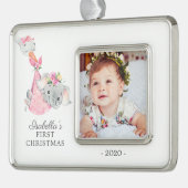 特別配達の象の初めてのクリスマス写真 シルバープレートフレームオーナメント (左)