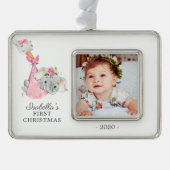 特別配達の象の初めてのクリスマス写真 シルバープレートフレームオーナメント (正面)