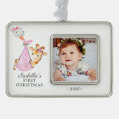 特別配達キリン初めてのクリスマス写真 シルバープレートフレームオーナメント (正面)