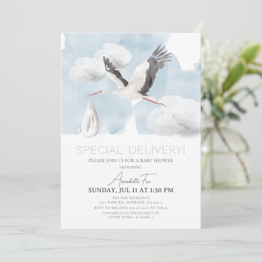 特別配達ストークボーイ赤ちゃんシャワー 招待状 (スタンド正面)