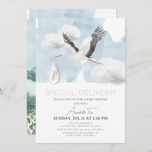 特別配達ストークボーイ赤ちゃんシャワー 招待状 (正面/裏面)