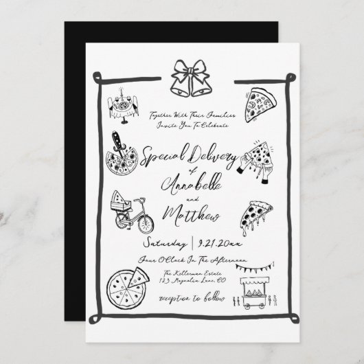 特別配達ピザドードルベビーシャワーガールボーイ 招待状 (正面/裏面)