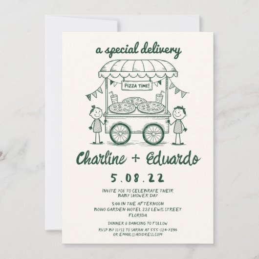 特別配達ピザドードルベビーシャワーガールボーイ 招待状 (正面)