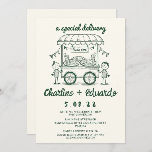 特別配達ピザドードルベビーシャワーガールボーイ 招待状 (正面/裏面)