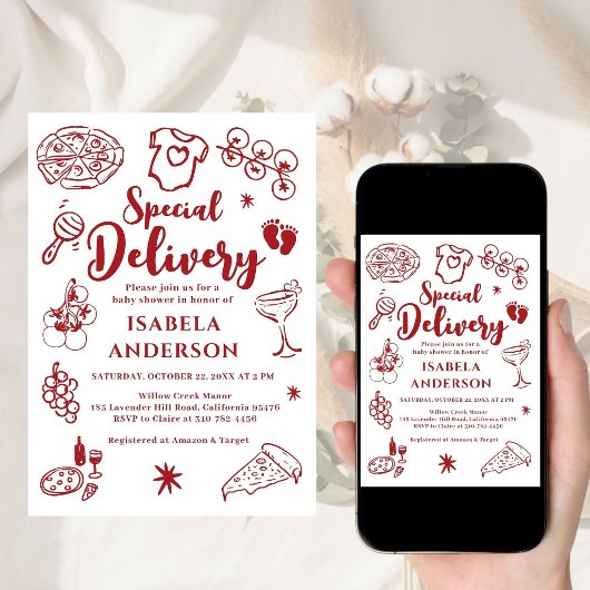 特別配達ベイビーシャワーの招待状 ピザパーティー 招待状