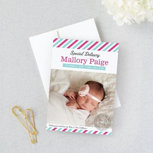 特別配達ベビーガールアクアピンクフォト誕生 案内状