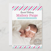 特別配達ベビーガールアクアピンクフォト誕生 案内状 (正面)