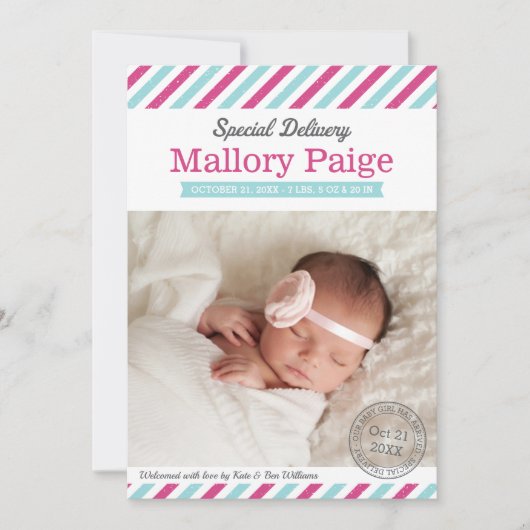 特別配達ベビーガールアクアピンクフォト誕生 案内状