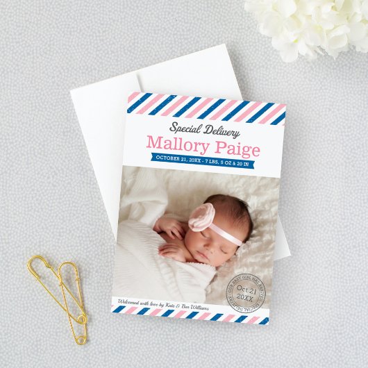 特別配達ベビーガールフォトピンクブルー誕生 案内状
