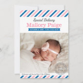 特別配達ベビーガールフォトピンクブルー誕生 案内状 (正面)