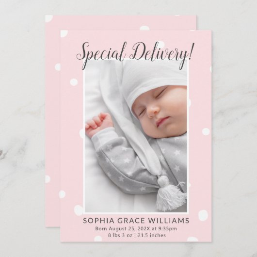 特別配達可愛い写真誕生のお知らせ 案内状 (正面/裏面)