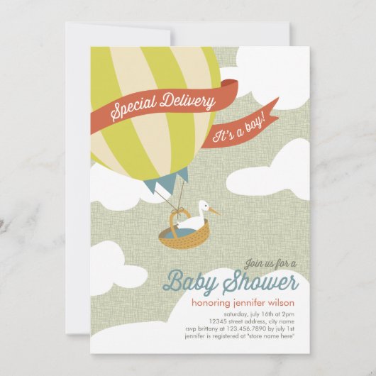 特別配達赤ちゃんシャワー招待状 – 少年 招待状 (正面)