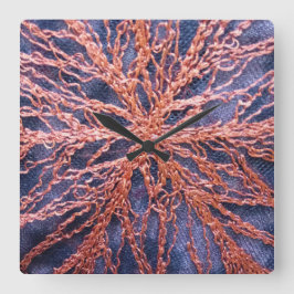 特大エレガント焼オレンジインジゴ刺繍 スクエア壁時計