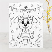 特大 かわいい犬の誕生日ぬりえ グリーティングカード (黄色い花)