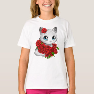 特色にされたデザイナー: 愛らしいばら色猫の白のTシャツ Tシャツ