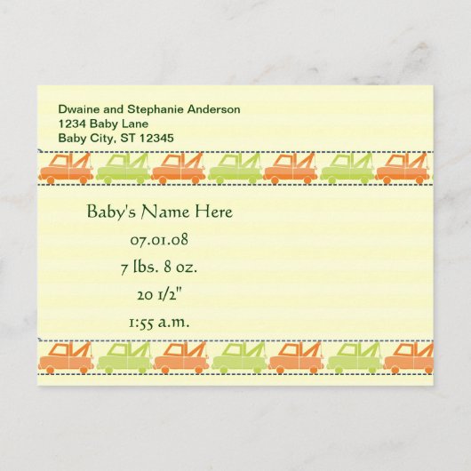 牽引トラックの男の赤ちゃん発表 案内ポストカード (裏面)