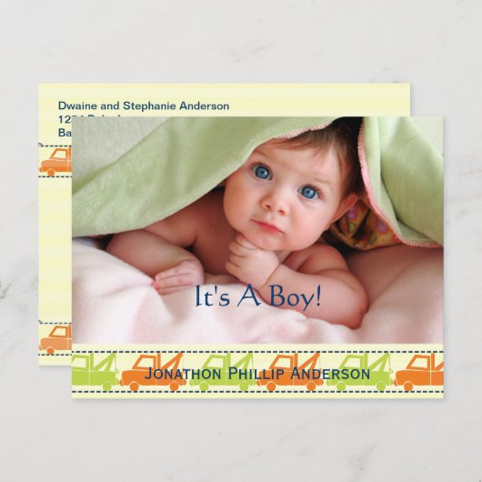 牽引トラックの男の赤ちゃん発表 案内ポストカード (正面/裏面)