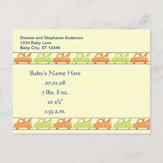 牽引トラックの男の赤ちゃん発表 案内ポストカード (裏面)