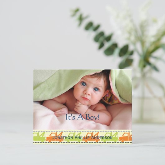 牽引トラックの男の赤ちゃん発表 案内ポストカード (スタンド正面)